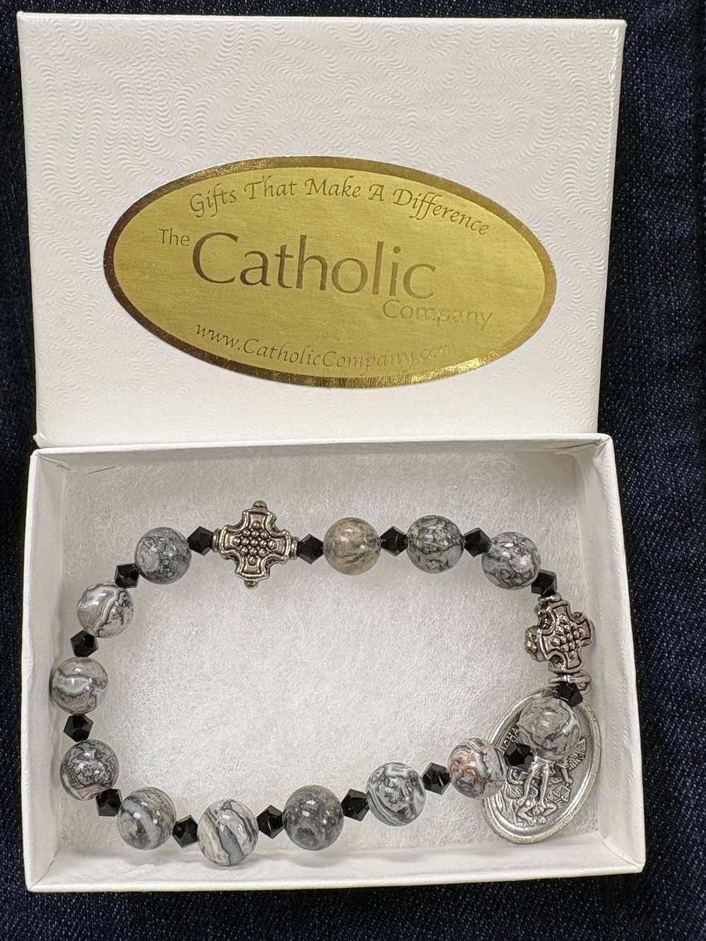 St. Michael Gray Bead Rosary Bracelet with Medallion & small crucifix